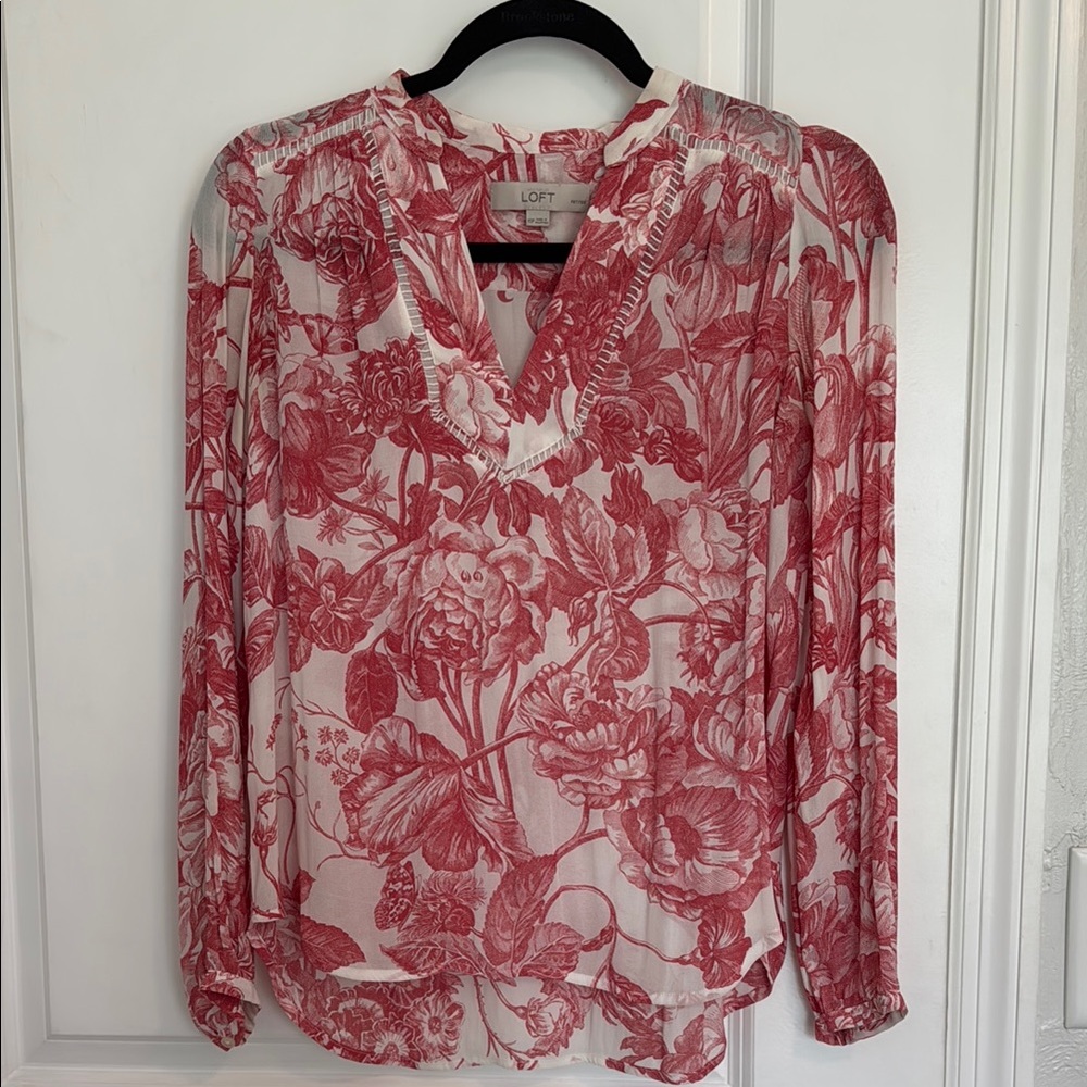 LOFT Red and White Mandarin Collar Blouse